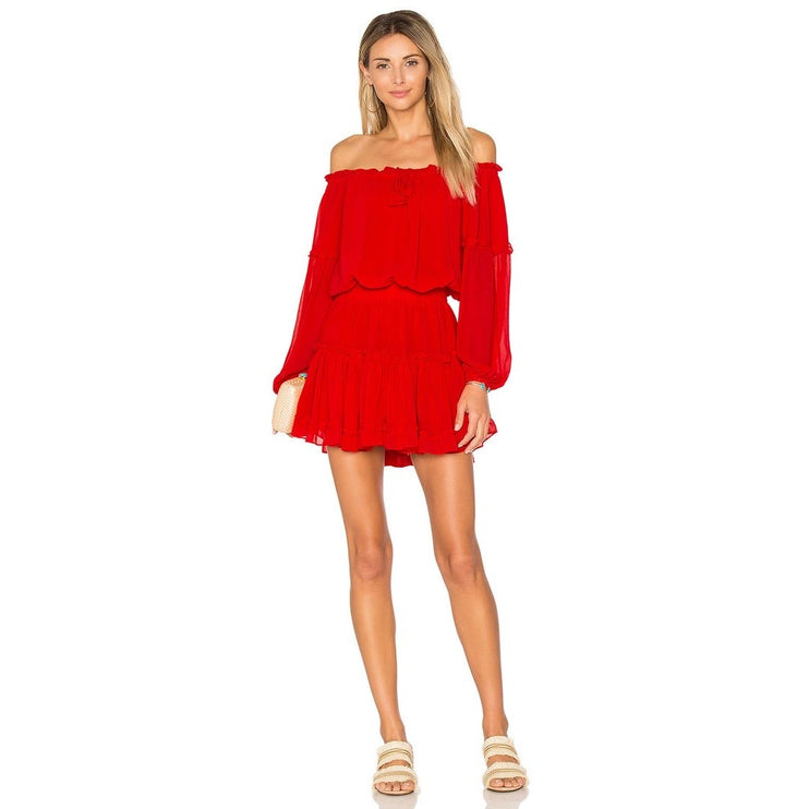 Misa Los Angeles Off Shoulder Daria Boho Crimson Red Mini Blouson Dress Size L