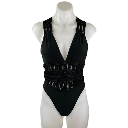 Ramy Brook Chiara Black Sleeveless Crochet V-neck Strappy One Piece Swimsuit XS