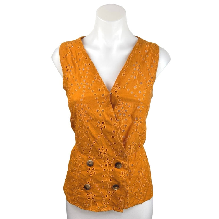 Promod Mustard Yellow Sleeveless Eyelet Button Front Wrap Style Blouse Top Sz 8