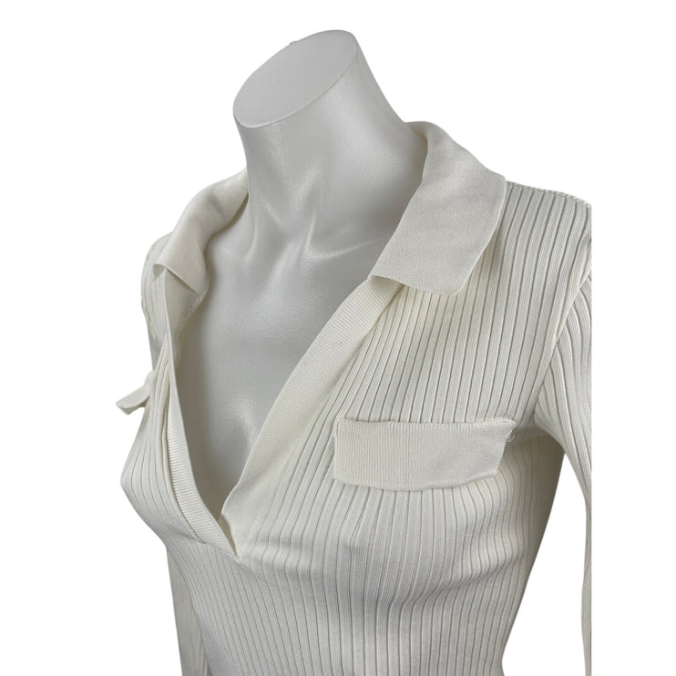 Zara Women's White Ribbed Knit Long Sleeve V Neck Polo Shirt Blouse Top Size M