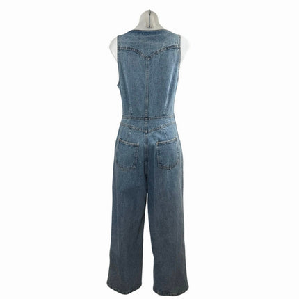 Etiquette Blue Denim Sleeveless V-Neck Button Wide Leg Overalls Jumpsuit Size S