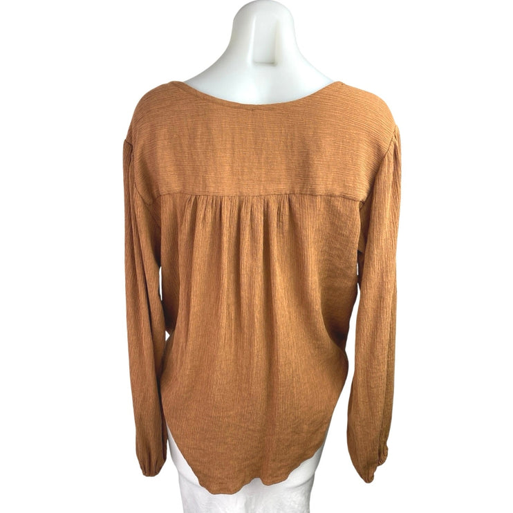Free People Check On It Brown Faux Wrap V-neck Long Sleeve Blouse Top Size S