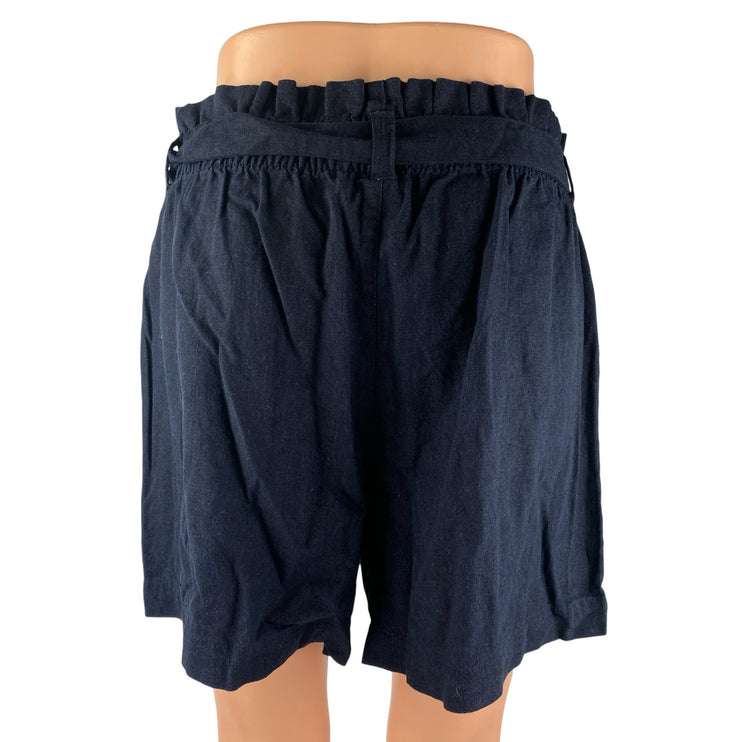 JDY Navy Blue Linen Tie Belt Elastic Waist High Rise Casual Paperbag Shorts 42