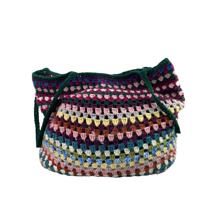 Women's Multicolor Colorful Crochet Knit Granny Striped Shoulder Tote Handbag OS
