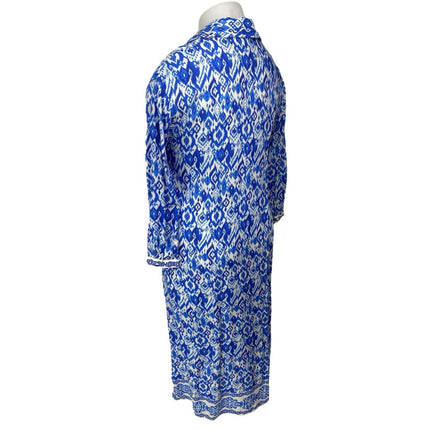 Women's Blue White Long Sleeve Abstract Argyle Button Up Maxi Shirt Dress Size L