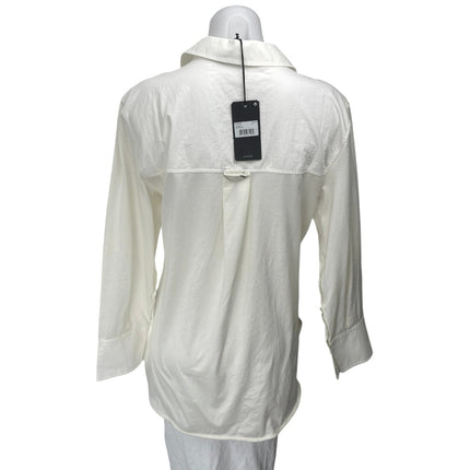 NEW GSTQ Women's White Long Sleeve Pocket Collar Button Front Shirt Top Size M