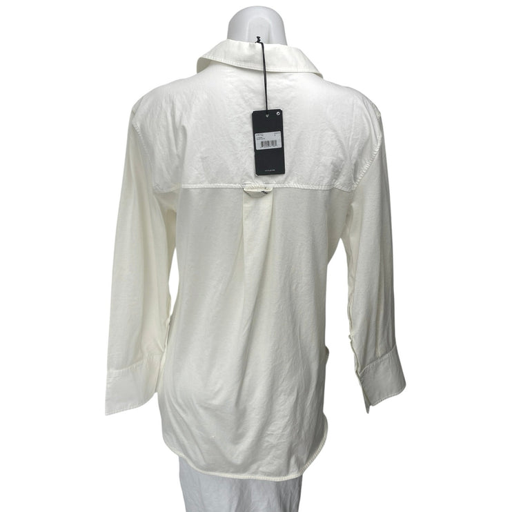 NEW GSTQ Women's White Long Sleeve Pocket Collar Button Front Shirt Top Size M