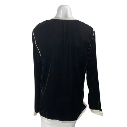 Women's Black Velvet Velour Moroccan Long Sleeve Embroidered Zip Up Blouse Top M