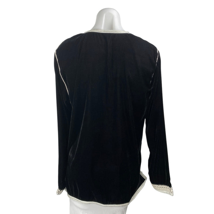 Women's Black Velvet Velour Moroccan Long Sleeve Embroidered Zip Up Blouse Top M
