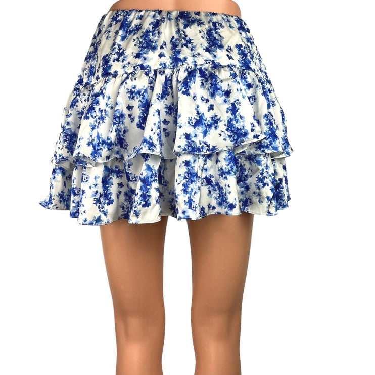 Caroline Constas Anabelle White Blue Floral Tiered Ruffled Mini A-Line Skirt M