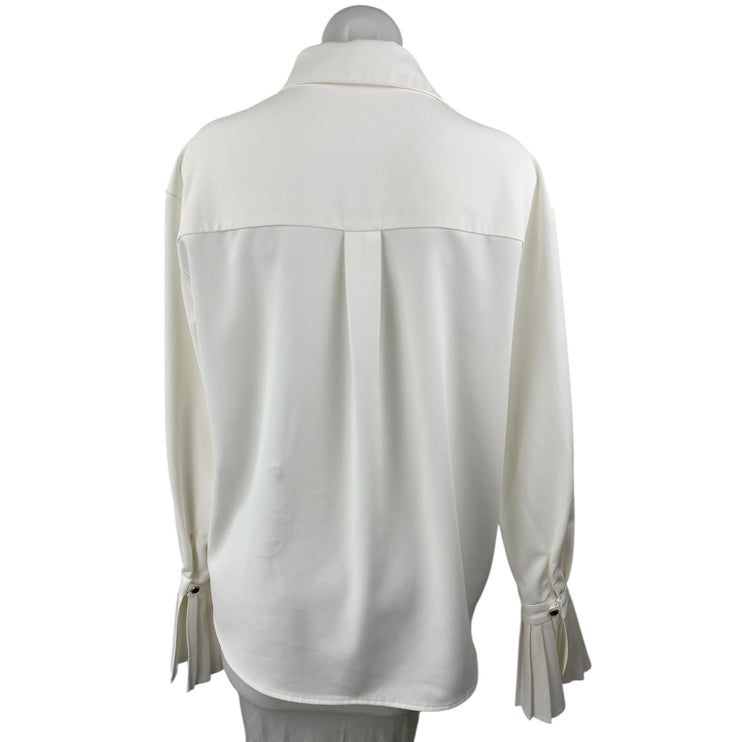 Commense Womens White Long Bell Sleeve Pleated Button Up Blouse Shirt Top Size S
