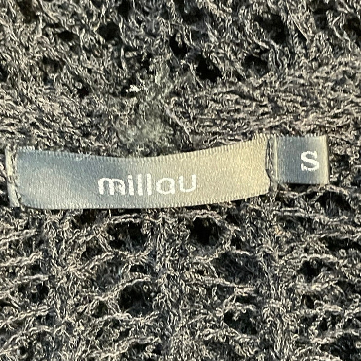 Millau Women's Black 3/4 Sleeves Open Knit Crochet V-neck Tunic Blouse Top Sz S