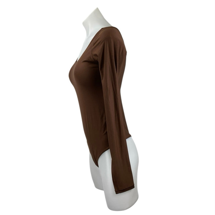 Aerie Smoothez Brown Scoop Neck Long Sleeve Sculpt Thong Bodysuit Top Size L