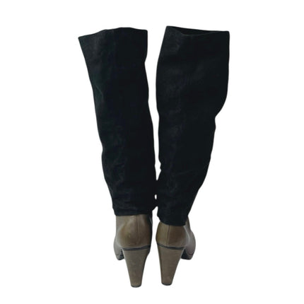 Joy Chen Women's Black Brown Suede Leather Round Toe Heeled Tall Boots Size 7