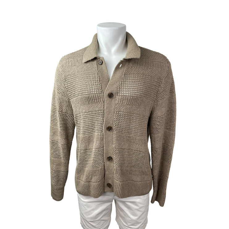 Abercrombie & Fitch Men Beige Knit Cropped Long Sleeve Button Down Sweater Top L