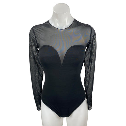 Popilush Shapewear Illusion Mesh Sheer Sweetheart Long Sleeve Bodysuit Top Sz S