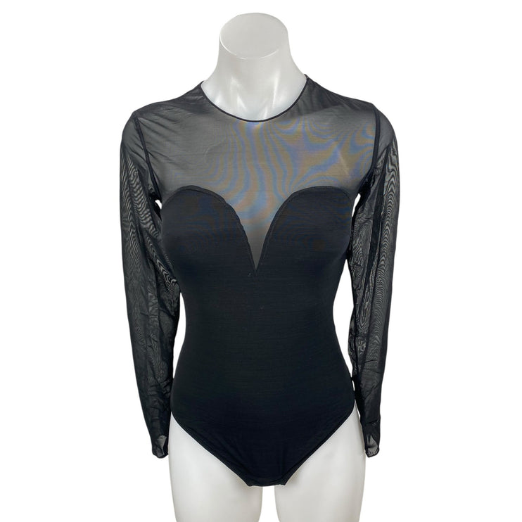 Popilush Shapewear Illusion Mesh Sheer Sweetheart Long Sleeve Bodysuit Top Sz S