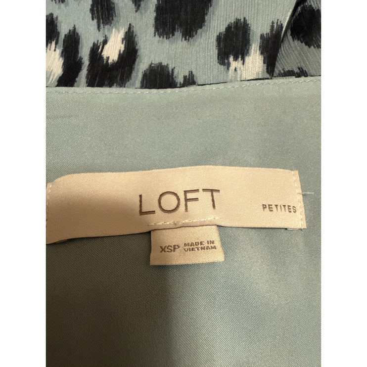 Loft Women's Blue Leopard Print V Neck Long Sleeve Mini Flare A-Line Dress Sz XS