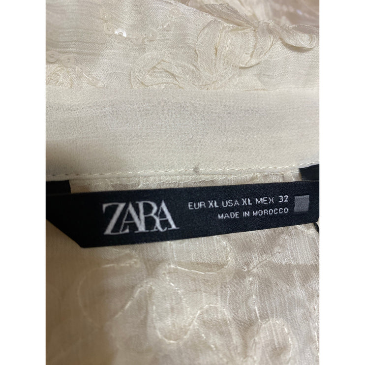 NEW Zara White Textured Floral Chiffon Long Sleeve Button Down Shirt Blouse XL