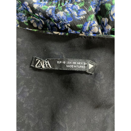 Zara Women's Blue Floral Long Puff Sleeve V Neck Faux Wrap Cropped Blouse Top XS