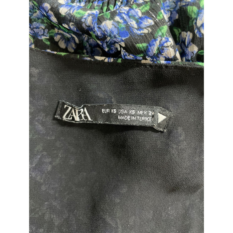 Zara Women's Blue Floral Long Puff Sleeve V Neck Faux Wrap Cropped Blouse Top XS