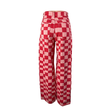 Zara Women's Pink Red Gingham Check High Rise Wide Leg Trousers Pants Size 2