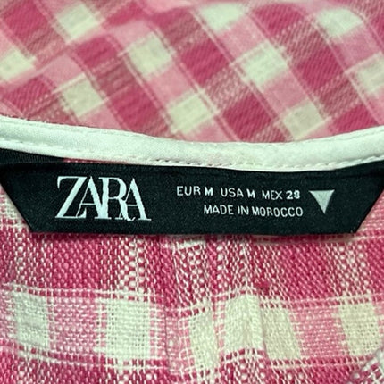 ZARA Women's Pink White Checkered Plaid Long Sleeve Button Shirt Crop Top Size M