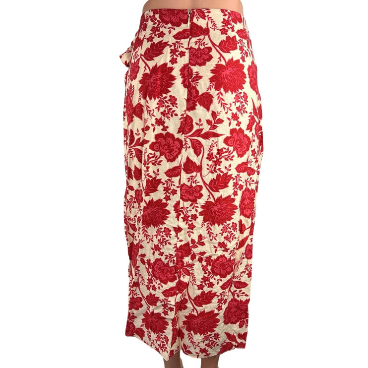 MNG Red Cream High Waisted Side Tie Floral Straight Hawaiian Midi Skirt Size M