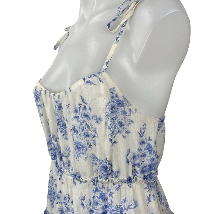 Mine Women's White Blue Floral Tiered Sleeveless Mini Tank Flare A-Line Dress S