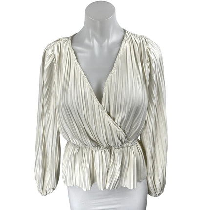 Japna Cream White Silky Satin Pleated Faux Wrap Long Sleeve Peplum Blouse Top M