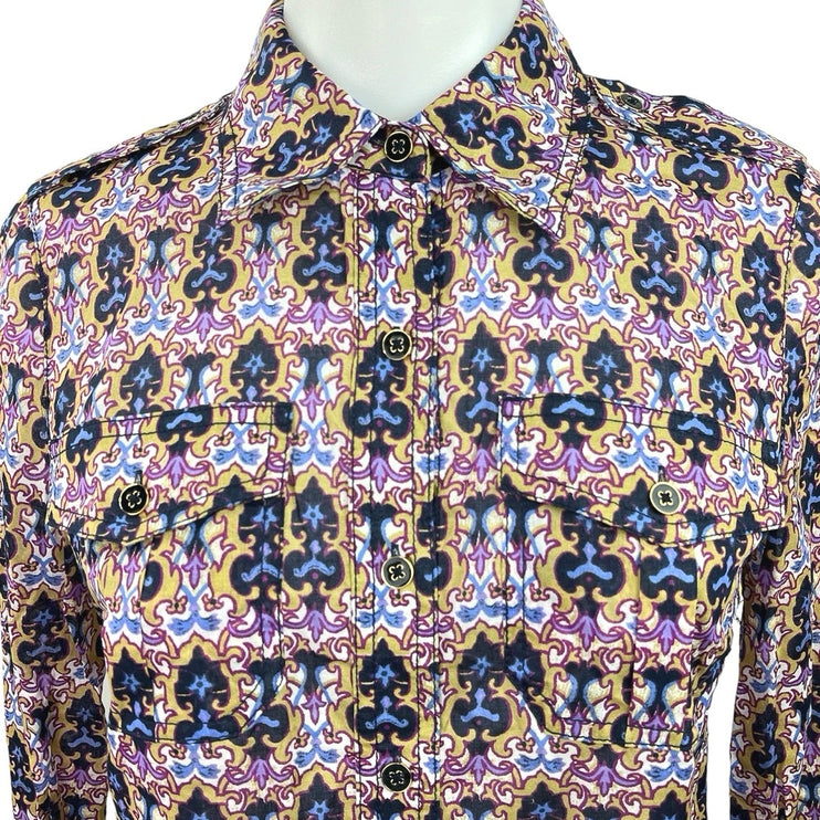 Tory Burch Multicolor Purple Button Down Long Sleeve Collared Pockets Shirt Sz 2