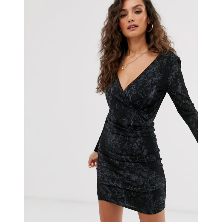 MNG Black Snakeskin Long Sleeve Deep V Neck Chic Mini Bodycon Dress Size XS