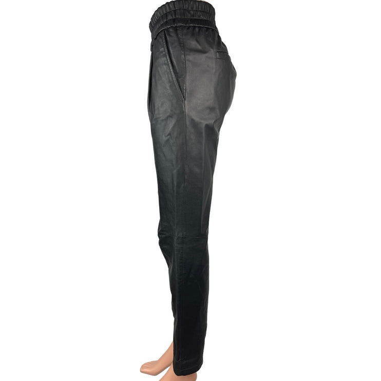 MNG Black Faux Vegan Leather Elastic Waist Pull On Tapered Trousers Pants Size S