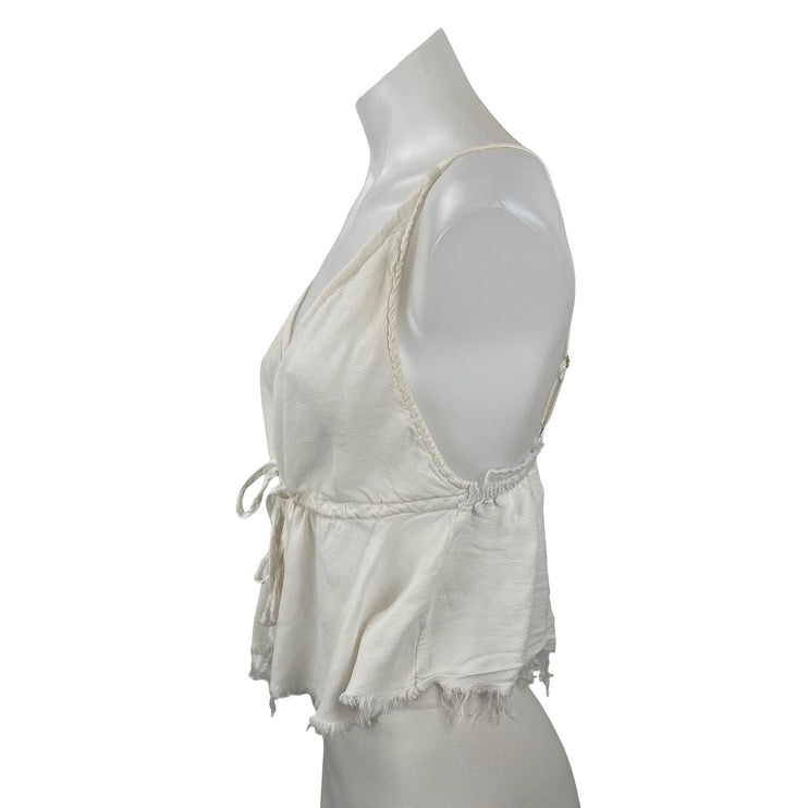 Brandy Melville Women's White Sleeveless V Neck Cami Tie Peplum Crop Top Size OS
