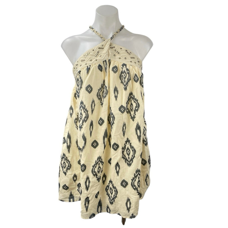 Zara Cream Ikat Print Studded Sleeveless Cami Mini Halter A-Line Dress Size M
