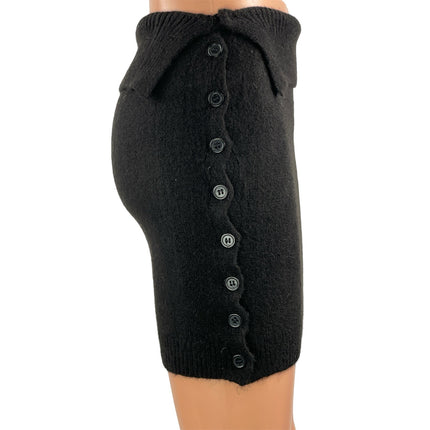 NEW RUVE Black High Waisted Ribbed Knit Fold Button Mini Pencil Skirt Size XS