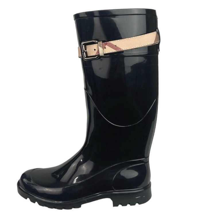 Burberry Black Kenyon Nova Plaid Belt Waterproof Rubber Rainboot Size 37 US 7