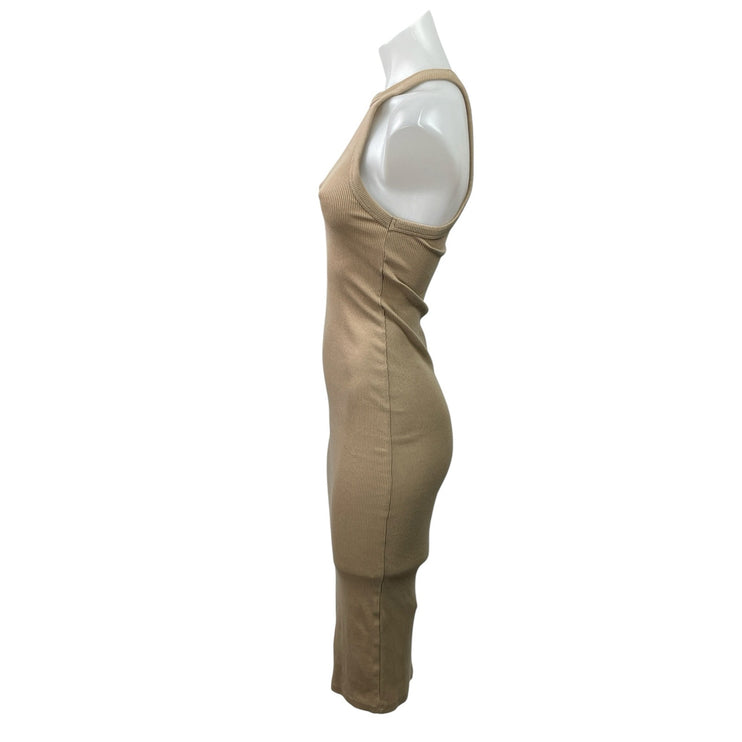Zara Women's Beige Tan Sleeveless Ribbed Knit Racerback Bodycon Midi Dress Sz S