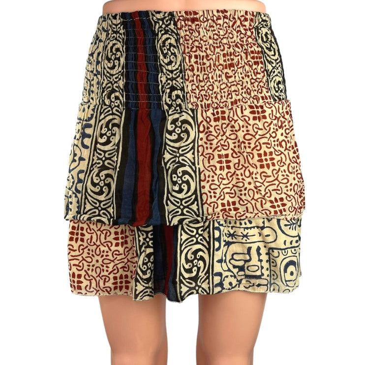 Kashish Multicolor Print Smocked Elastic Waist Layered Mini A-Line Skirt Size OS