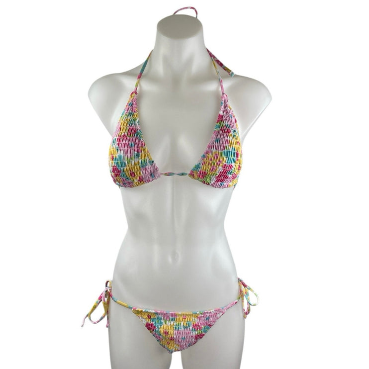 Multicolor Ditsy Floral Smocked Halter Triangle Two Piece Bikini Swimwear Size M