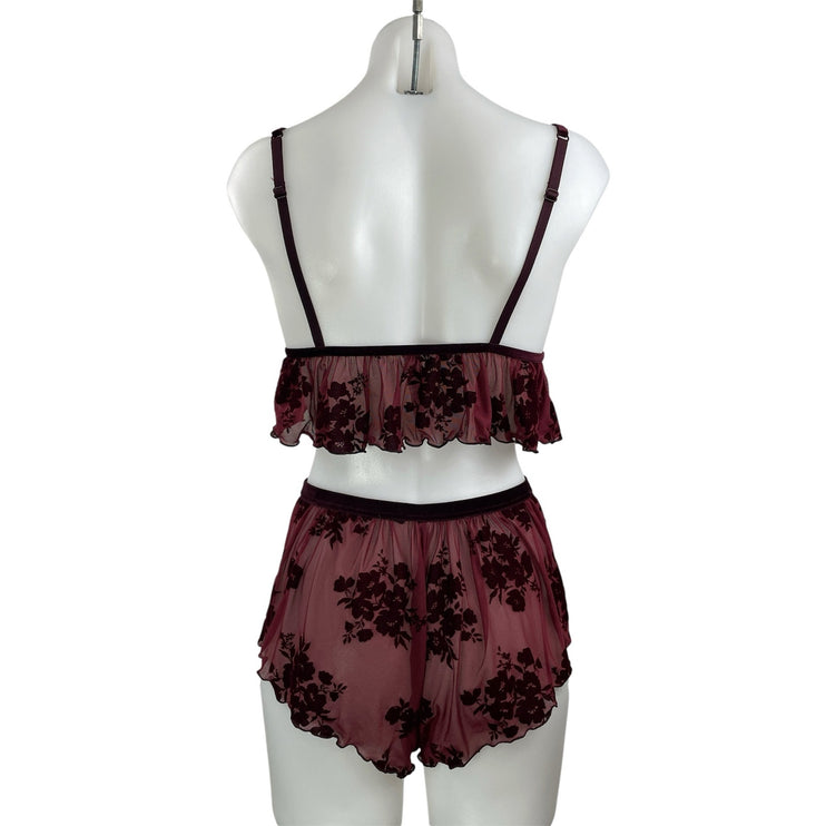 Auden Flocked Womens Red Black Floral Mesh Bralette & Mini Short Lingerie Sets S