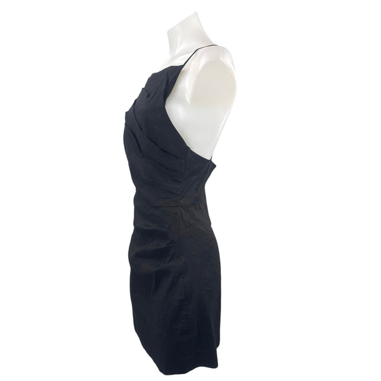 Zara Black Linen Ruched Pleated Sleeveless Mini Cami Tank A-Line Sheath Dress M