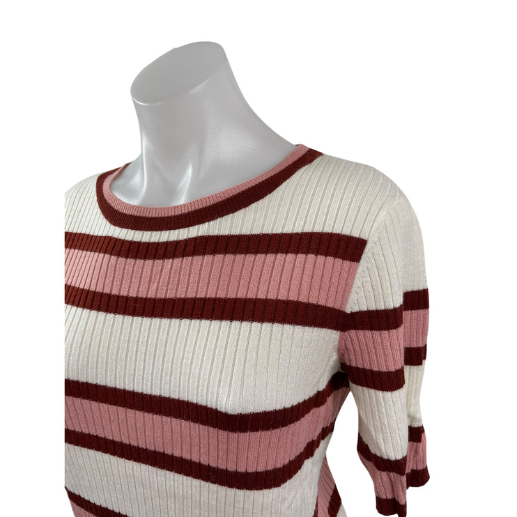 Frame Women's Wool Panel Stripe Ribbed Crew Neck Short Sleeve Slim Sweater Top S