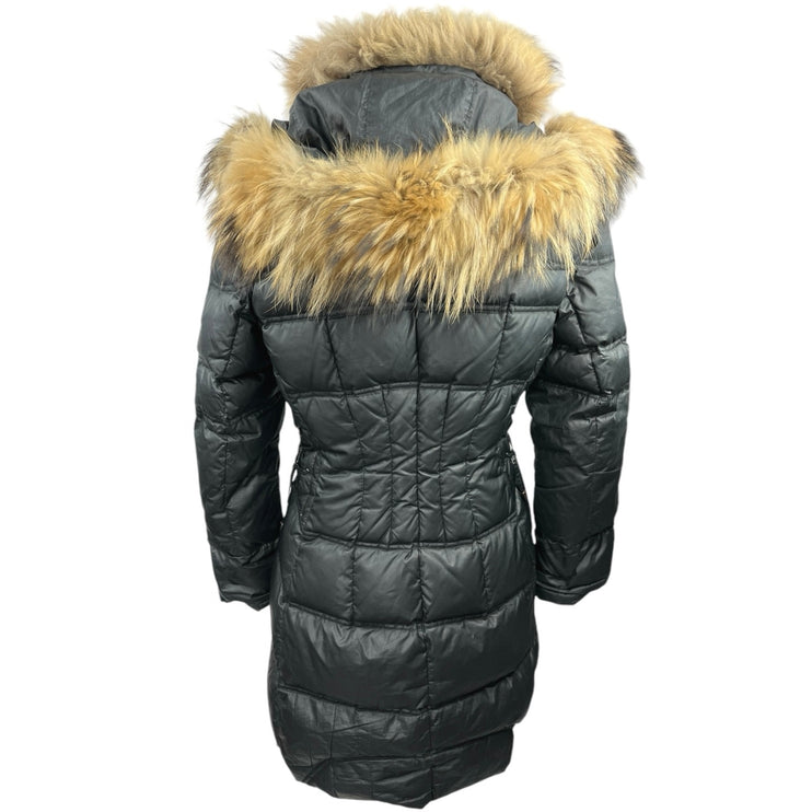 Dawn Levy Womens Black Zip Up Hooded Fur Collar Goose Down Puffer Coat Jacket M