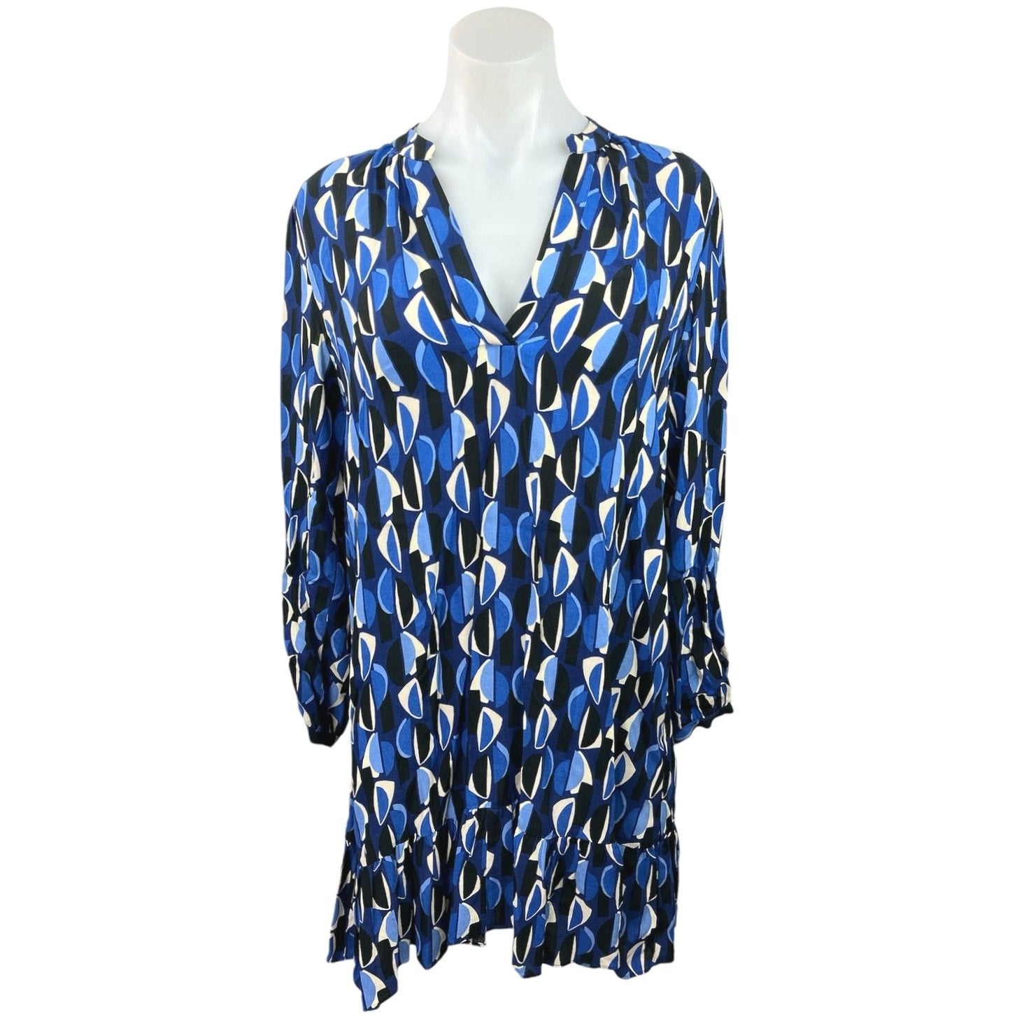 Zara Blue Black White Geometric V Neck Flowy Long Sleeve Mini Shift Dr Brie Zara Blue Black White Geometric V Neck Flowy Long Sleeve Mini Shift Dr Brie
