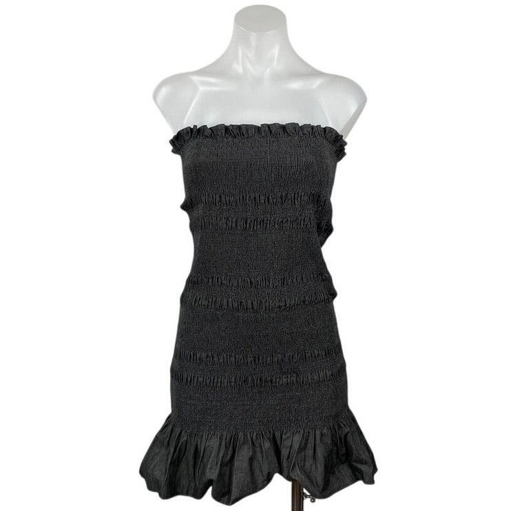 Know One Cares Black Strapless Tube Bandeau Smocked Ruffle Mini Bodycon Dress S