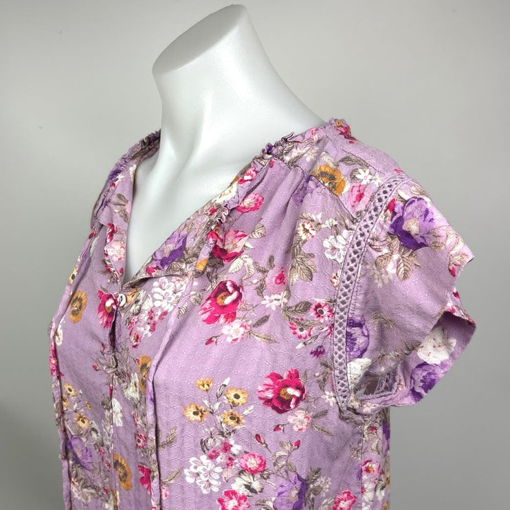 Buffalo David Bitton Purple Split V-Neck Flutter Sleeve Floral Blouse Top Size M