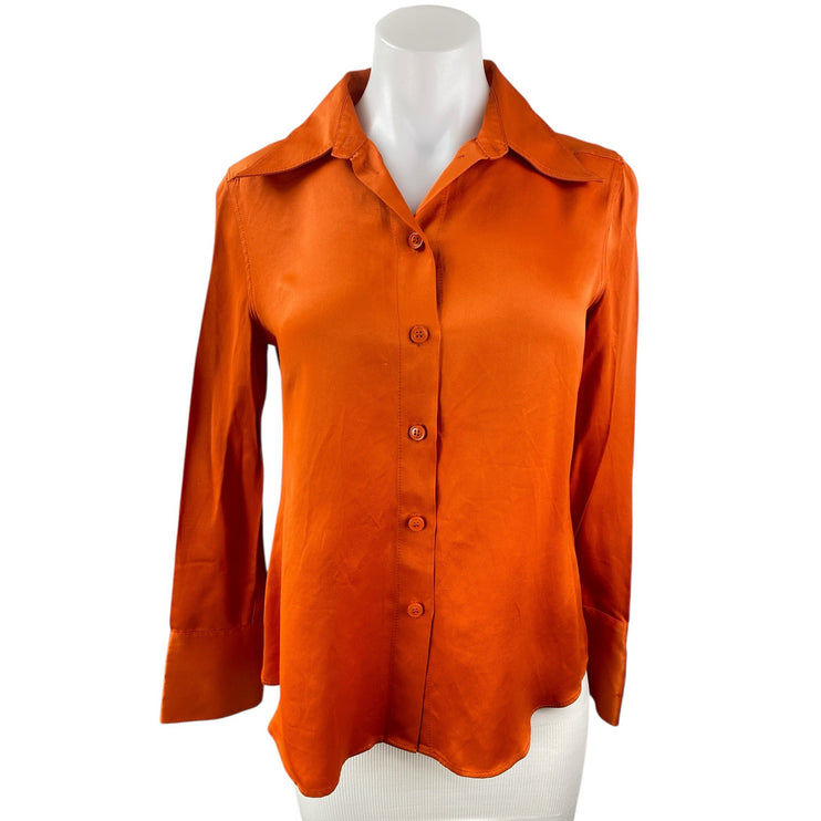 ZARA Women's Orange Satin Collared Long Sleeve Button Down Shirt Blouse Top Sz S