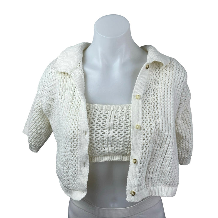 Anthropologie Women's White Crochet Summer Bralette Crop Cardigan Set Top Sz S/M