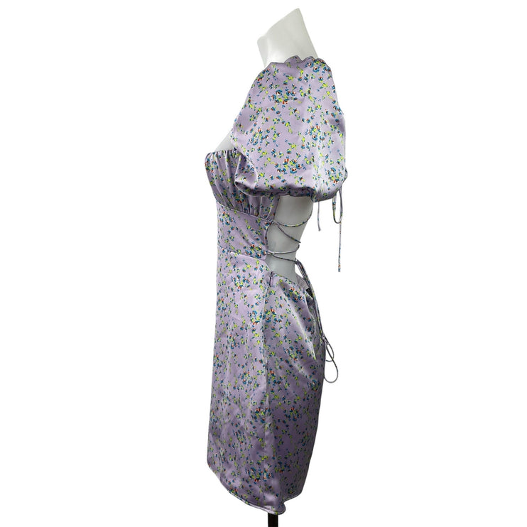 Zara Purple Silky Satin Floral Puff Sleeve Lace Up Back Mini Casual Dress Size M